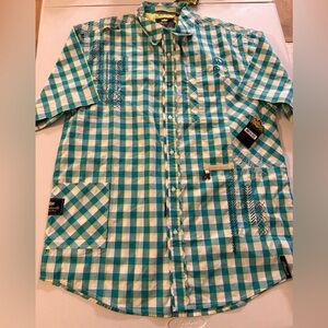 Akademiks Shirt Mens Large Green Yellow Check Button Up Short Sleeve Peace Sign
